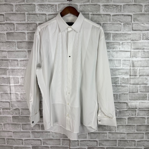 Saks Fifth Avenue Black Label Exclusive White Tuxedo Button Up Shirt Mens 17.5 - Picture 1 of 7